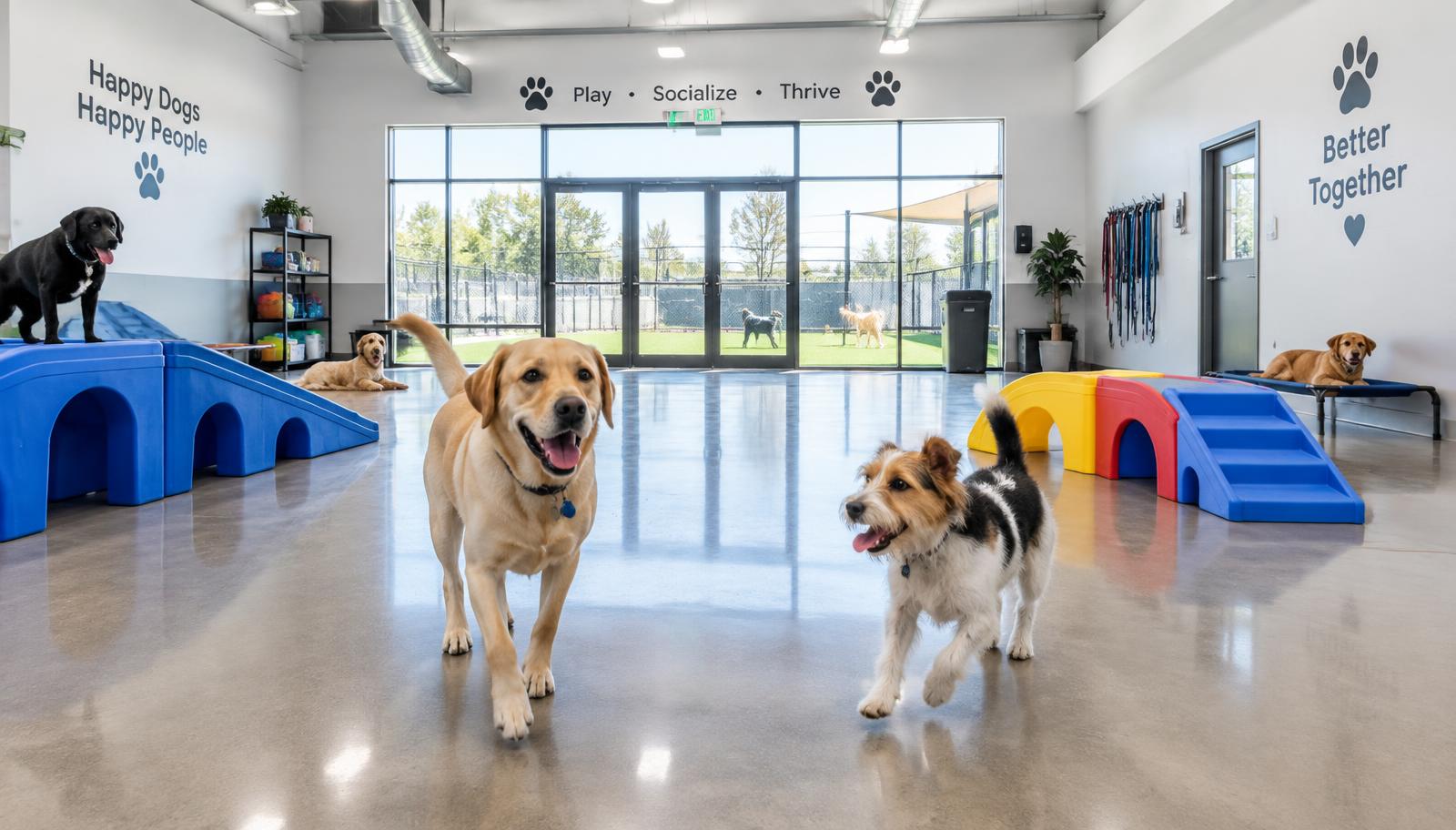 Dogs playing inside the open, air-conditioned play room at Paws and Stripes Ranch